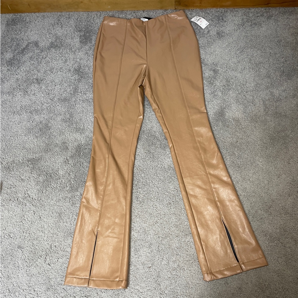 AFRM Los Angeles Tan Faux Leather Front Slit Flare Pants Women’s size large, NWT - Picture 4 of 8
